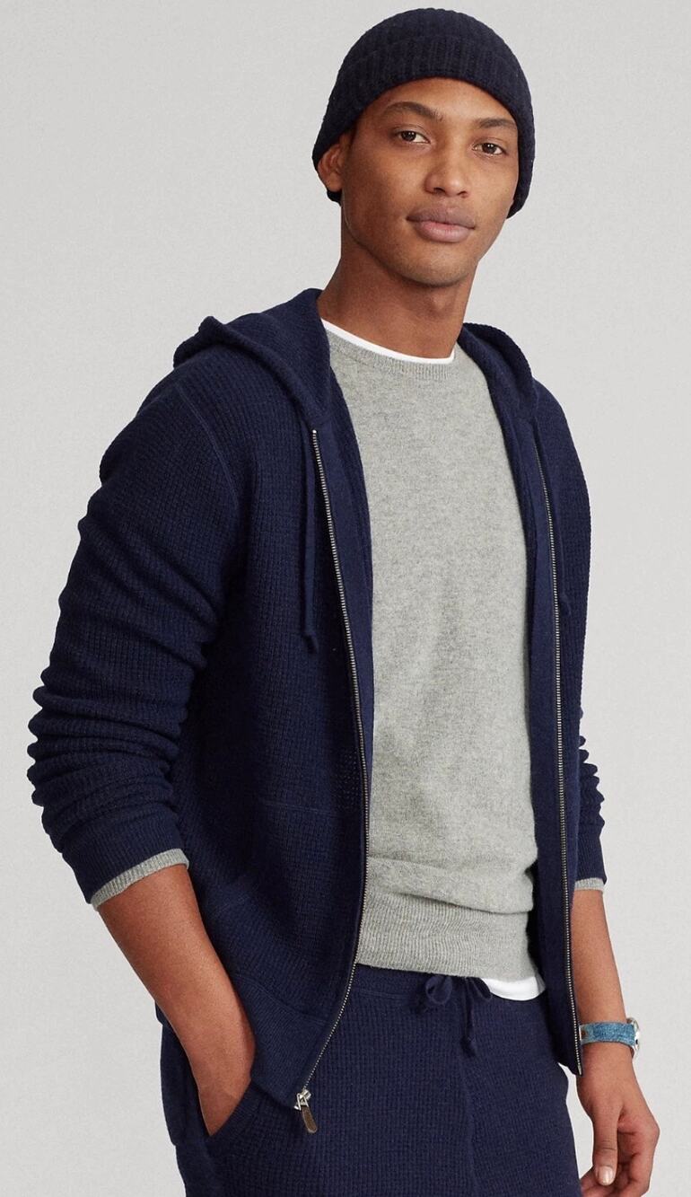 Polo Ralph Lauren Cashmere Navy Waffle Knit Hooded Sweater Jacket Men's XXL